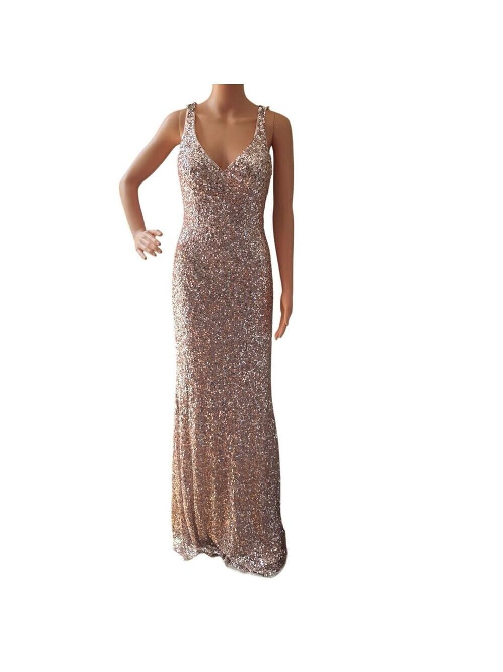PromGirl Rose Gold Sequin V-Neck Formal Prom Dress Evening Gown PV-PL-100